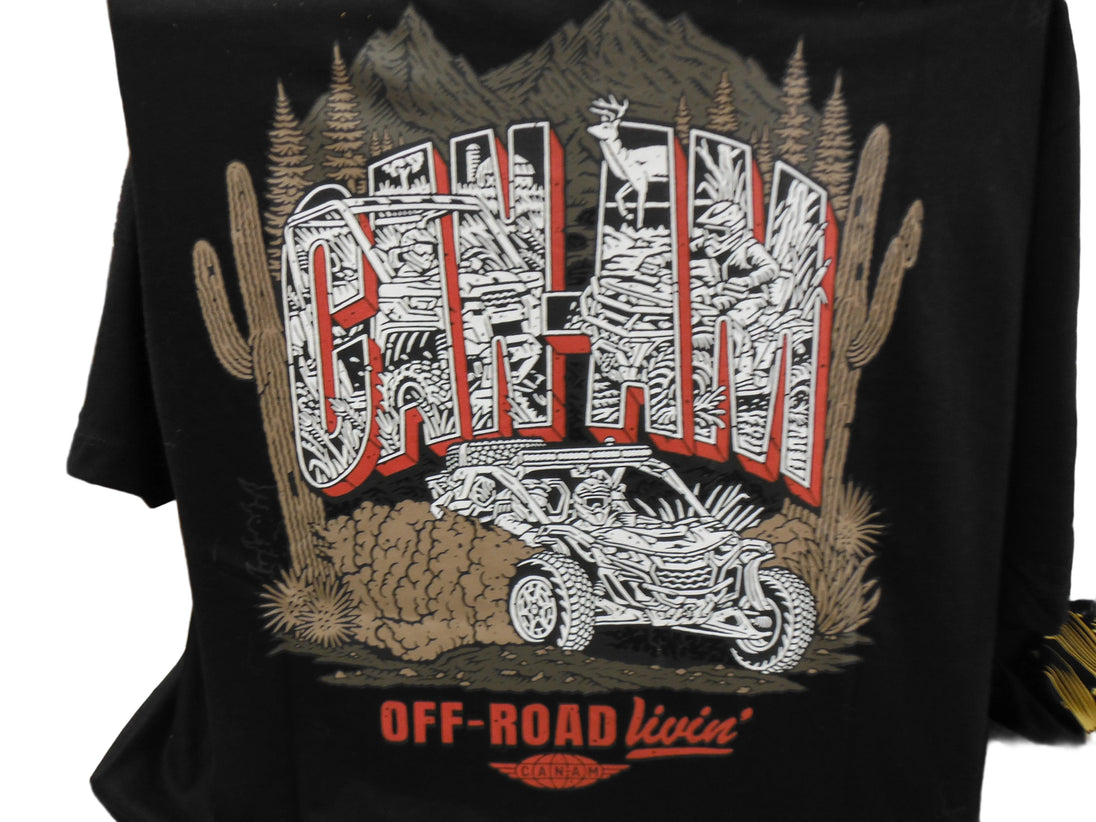 Black t-shirt with graphic design featuring text and illustrations of a deer, mountains, and a vehicle.