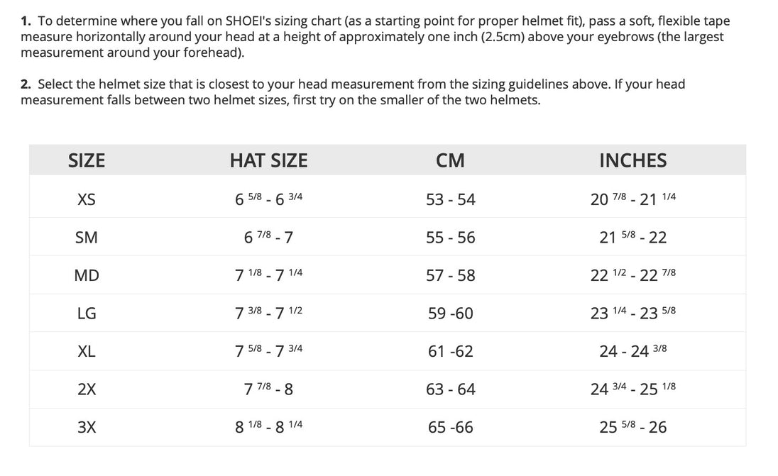 shoei gt air 2 helmet size chart SHOEI HORNET X2 INVIGORATE TC-7 SMALL